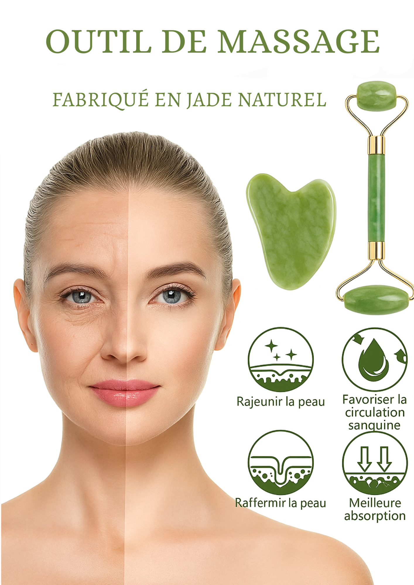 Coffret Rouleaux Facials et Planche de Gua Sha en Jade (3 pièces)
