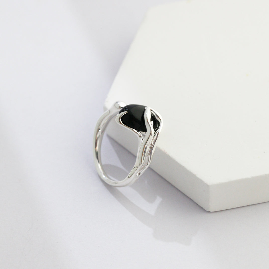 Bague Agate Noir Argent S925 / Plaqué Or #1