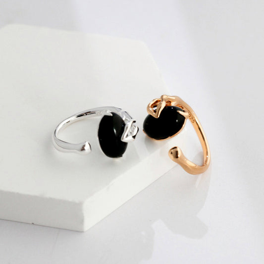 Bague Agate Noir Argent S925 / Plaqué Or #1