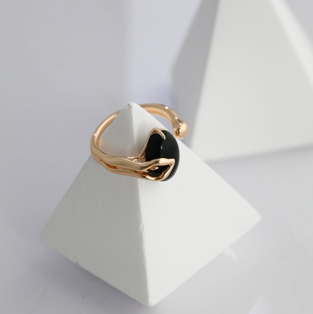 Bague Agate Noir Argent S925 / Plaqué Or #1