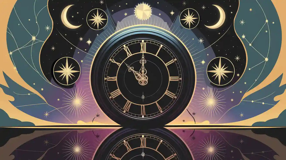 Illustration spirituelle des heures miroirs avec horloge symbolique et ciel étoilé