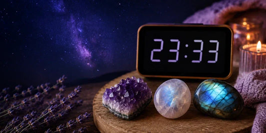 Horloge affichant 23h33 avec pierres naturelles utilisées pour favoriser le calme émotionnel et l’introspection en fin de soirée