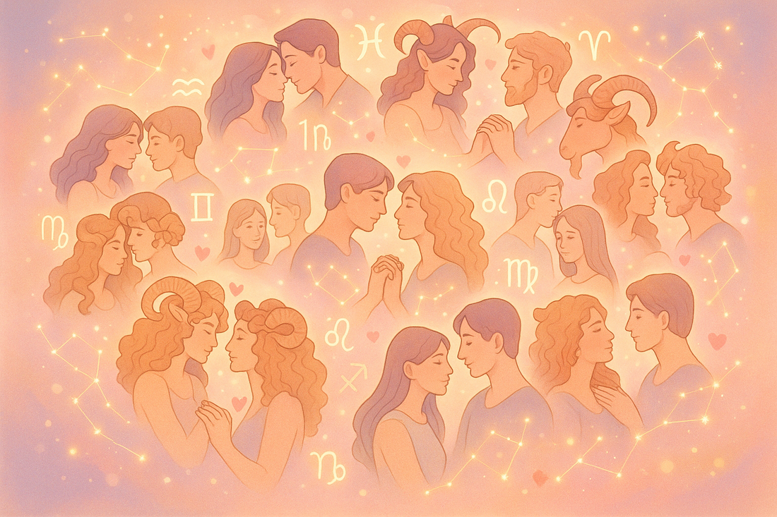 Les 144 compatibilités amoureuses des 12 signes astrologiques, leur principaux traits, leurs caractéristiques, leurs forces et leurs faiblesses.