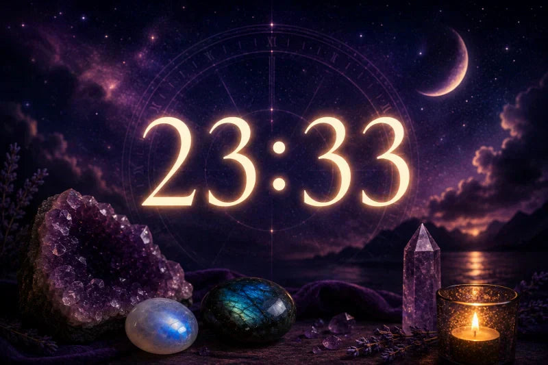 Heure miroir 23h33 avec pierres naturelles et ambiance spirituelle nocturne