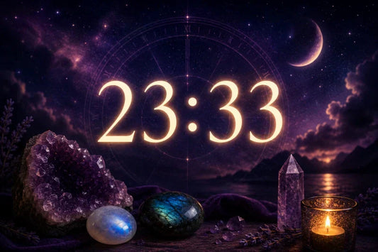 Heure miroir 23h33 avec pierres naturelles et ambiance spirituelle nocturne