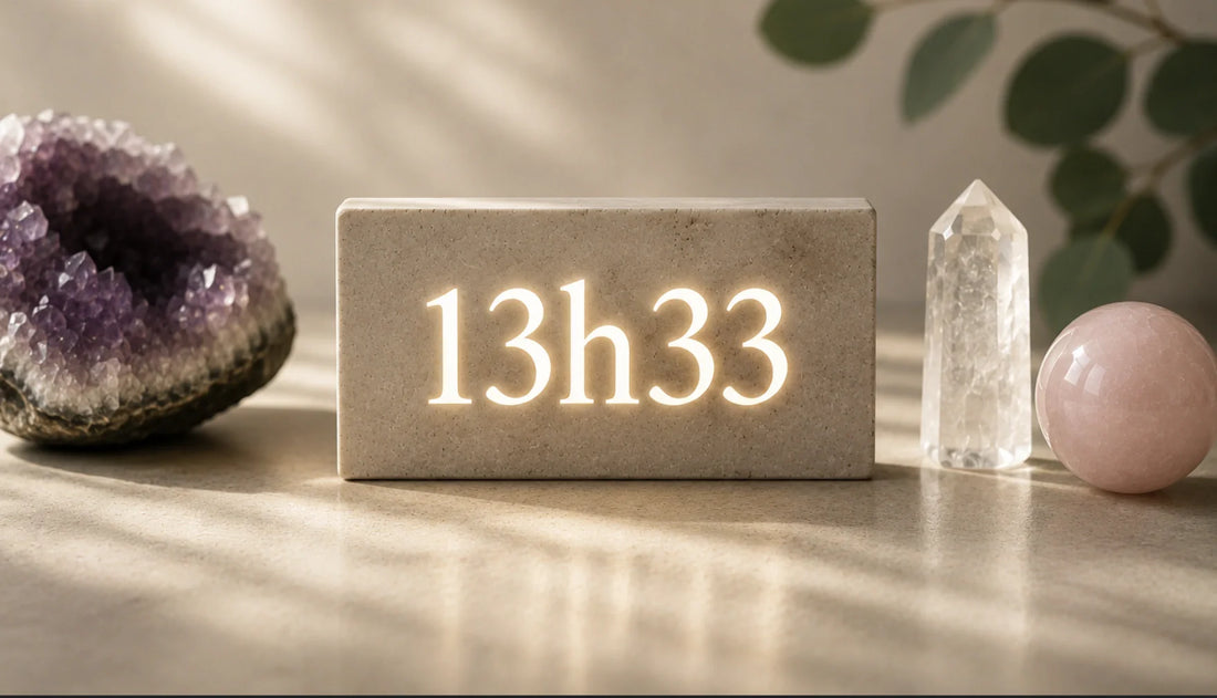 Illustration de l’heure miroir 13h33 avec des pierres naturelles et une ambiance apaisante.