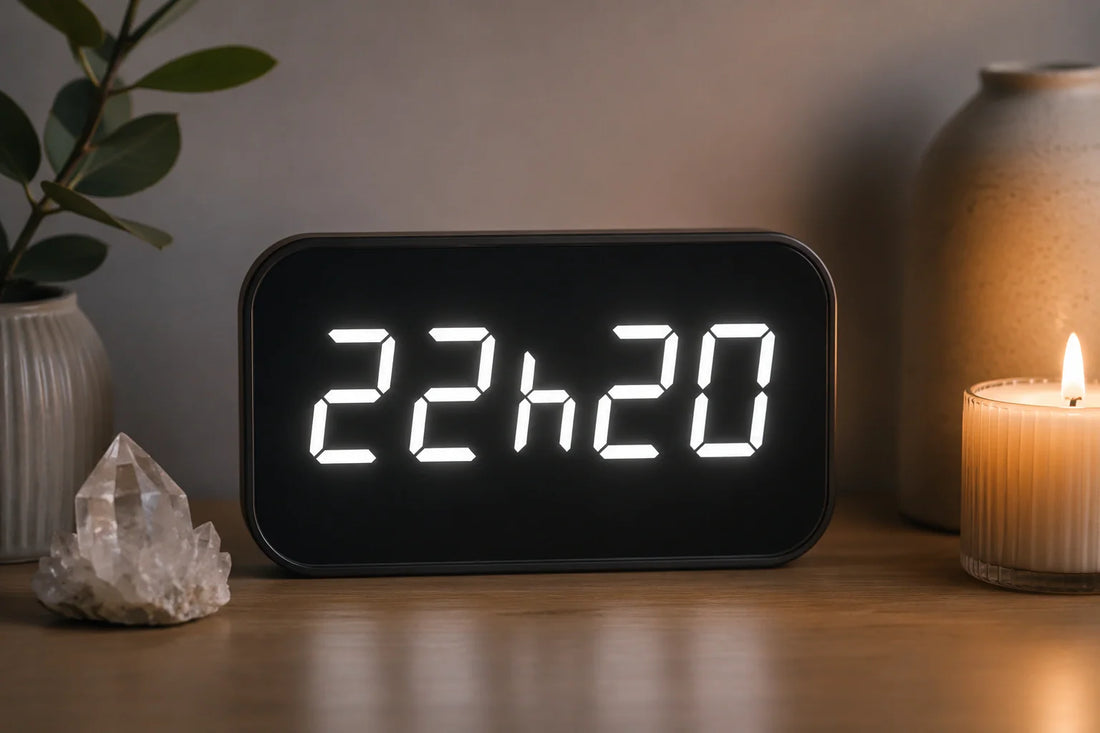 Heure miroir 22h20 affichée sur une horloge numérique dans une ambiance calme propice à l’introspection.