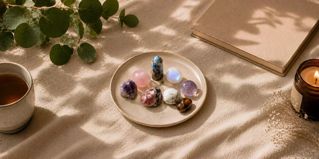 Pierres naturelles associées aux blocages émotionnels : améthyste, quartz rose, labradorite, rhodonite, howlite, pierre de lune et œil de tigre