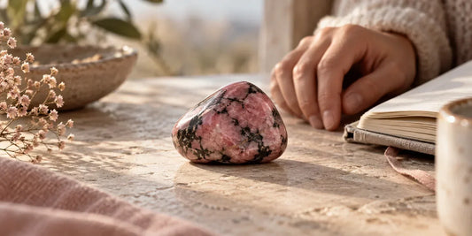 Rhodonite rose utilisée comme objet-repère lors d’une pratique d’ancrage émotionnel