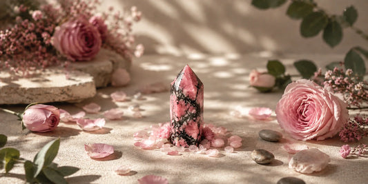 Rhodonite naturelle, pierre traditionnellement associée à l’apaisement des blessures émotionnelles et au pardon