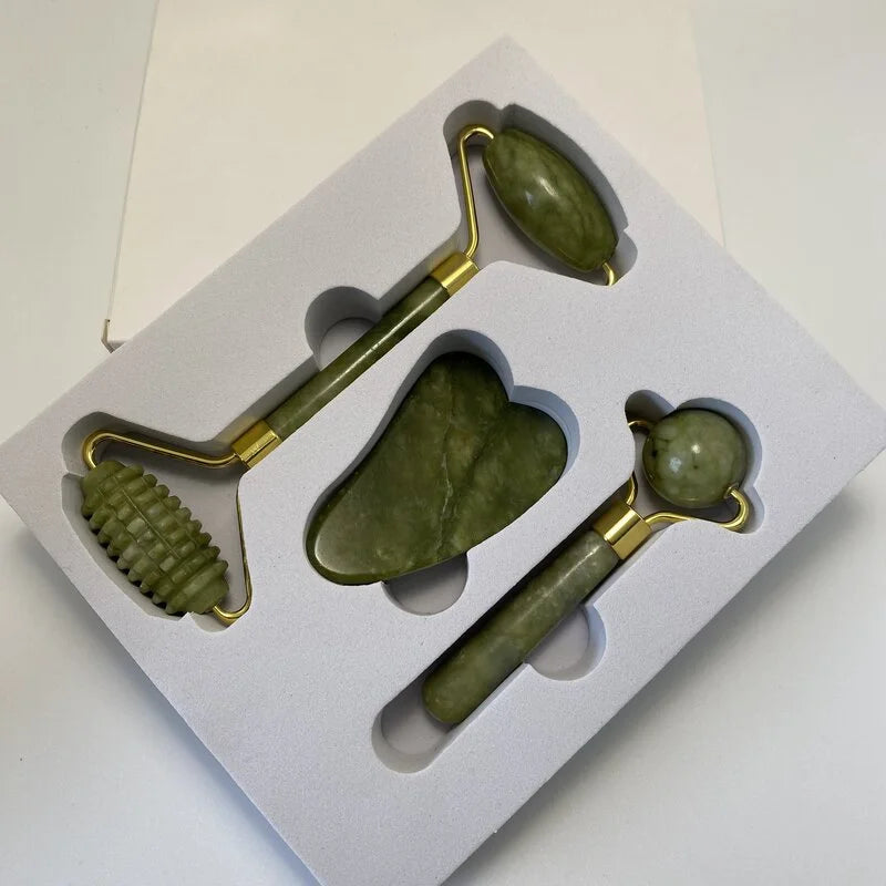 Coffret Rouleaux Facials et Planche de Gua Sha en Jade Serpentine (3 pièces)