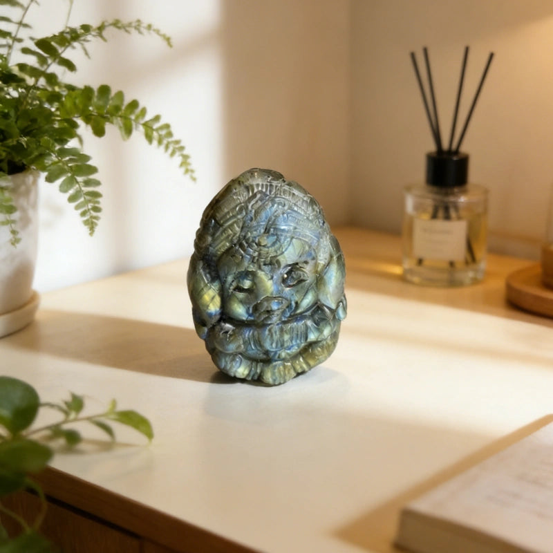 Ganesh en Labradorite Naturelle – Statue spirituelle de protection, chance et réussite