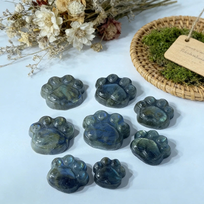 Patte de chat en Labradorite – pierre naturelle sculptée élégante et symbolique