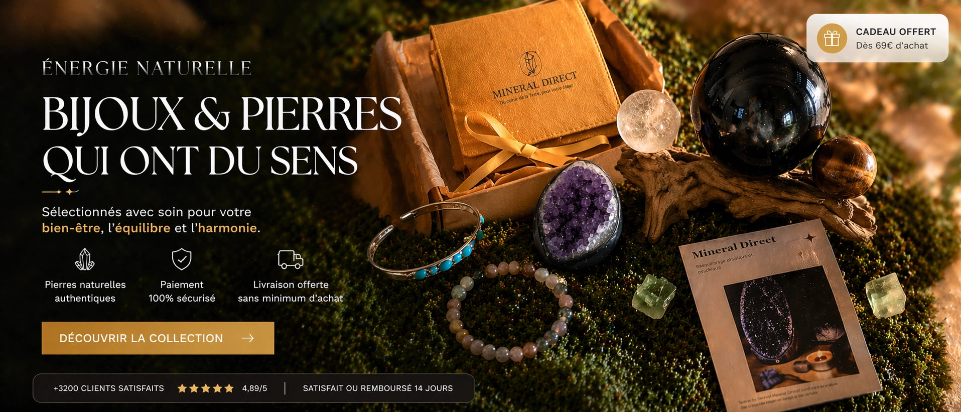 Bijoux et pierres naturelles avec coffret cadeau, sélection pour lithothérapie, bien-être et idées de cadeaux