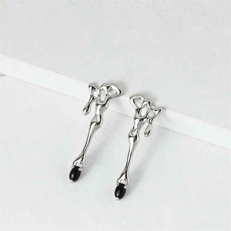 Boucle D'oreille Agate Noir Argent S925 Plaqué Or