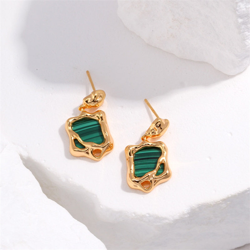 Boucle D'oreille Malachite Argent S925 Plaqué Or