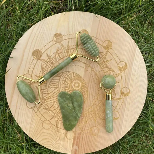 Coffret Rouleaux Facials et Planche de Gua Sha en Jade Serpentine (3 pièces)