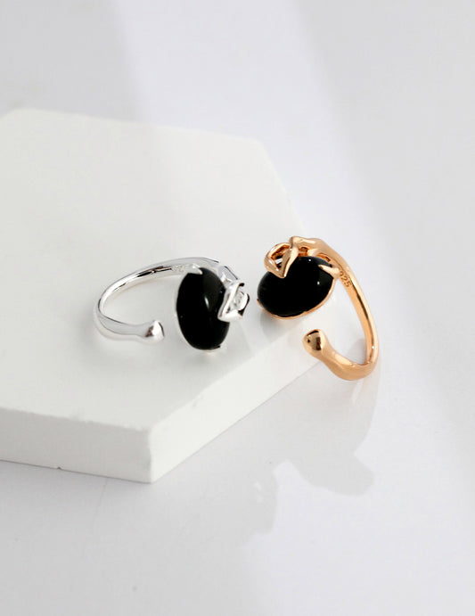 Bague Agate Noir Argent S925 / Plaqué Or